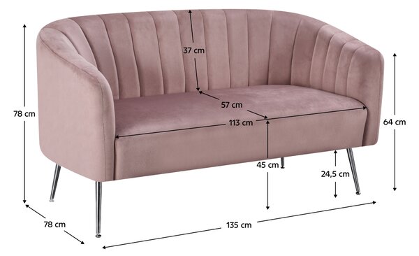 KONDELA Dizajnový 2-sed, ružová Velvet látka/chróm-strieborný, BAGY