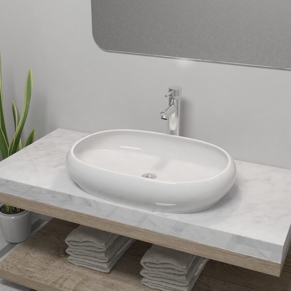 Kúpeľňové umývadlo s pákovým kohútikom keramické oválne biele