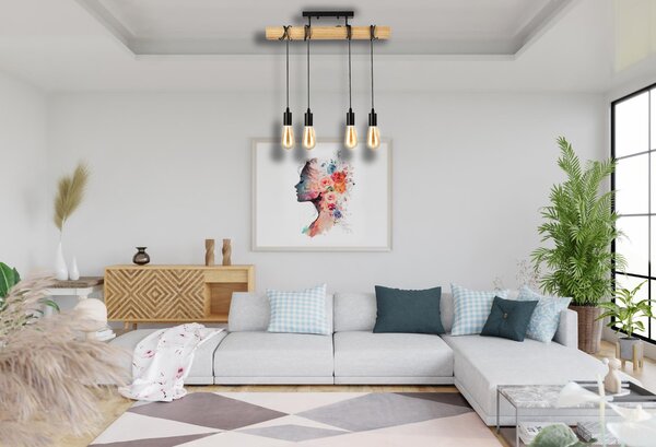 BERGE LED stropná lampa, drevená, nastaviteľná, 4xE27, závesná, vysoká kvalita