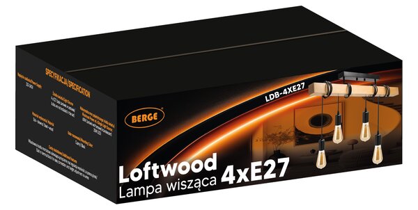 BERGE LED stropná lampa, drevená, nastaviteľná, 4xE27, závesná, vysoká kvalita