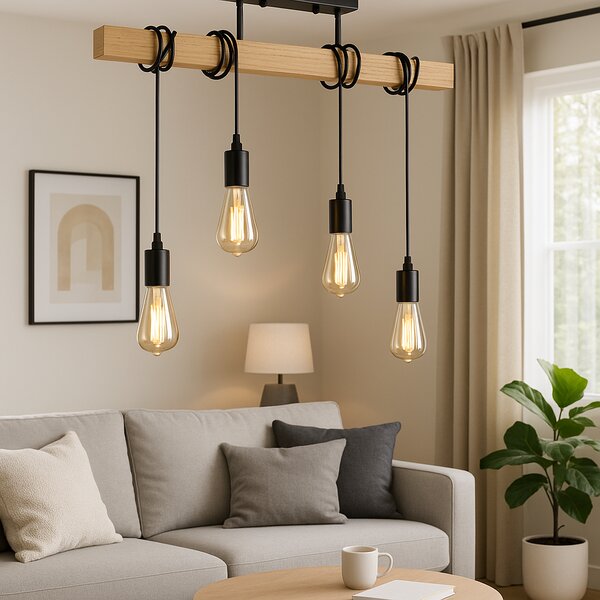 BERGE LED stropná lampa, drevená, nastaviteľná, 4xE27, závesná, vysoká kvalita