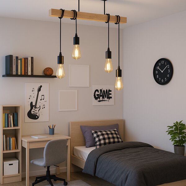 BERGE LED stropná lampa, drevená, nastaviteľná, 4xE27, závesná, vysoká kvalita