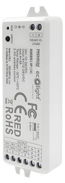 ECOLIGHT Ovládač RGBW LED pásikov 16A 12-24V Rádiový 4-kanálový 1zónový IP20