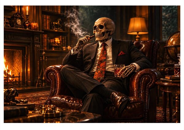 Obraz kostlivec v kresle s cigarou