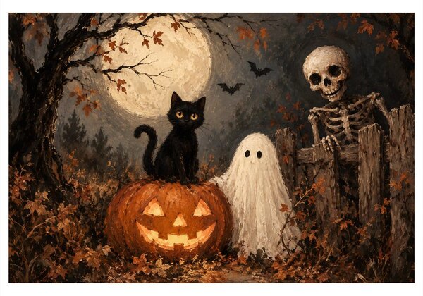 Obraz halloweenska mačka s tekvicou