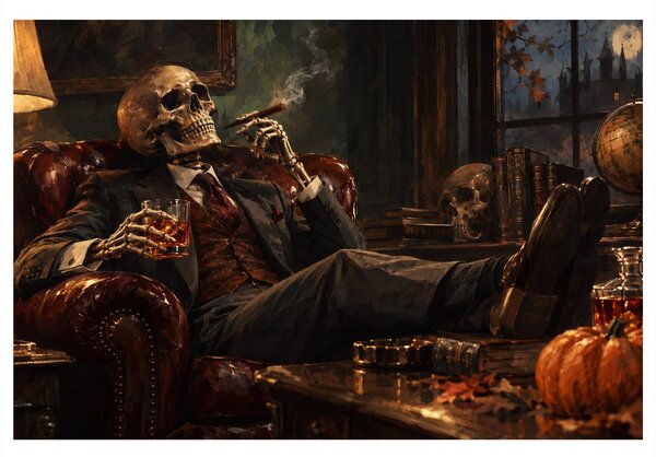 Obraz kostlivec s cigarou a whisky