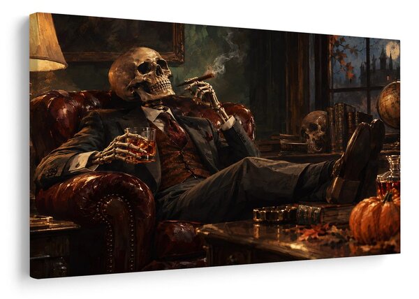 Obraz kostlivec s cigarou a whisky
