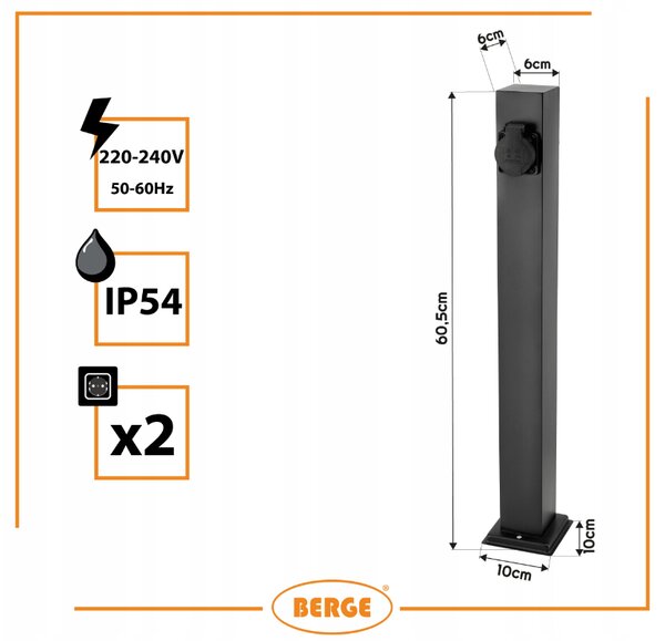 BERGE Elektrický záhradný stĺpik 2x hermetická zásuvka 230V 3680W 60cm IP54