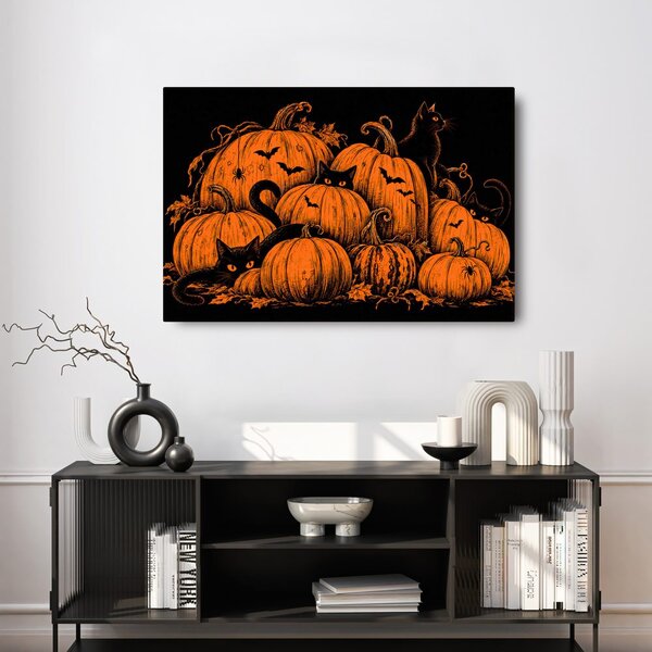 Obraz halloweenske tekvice s čiernymi mačkami