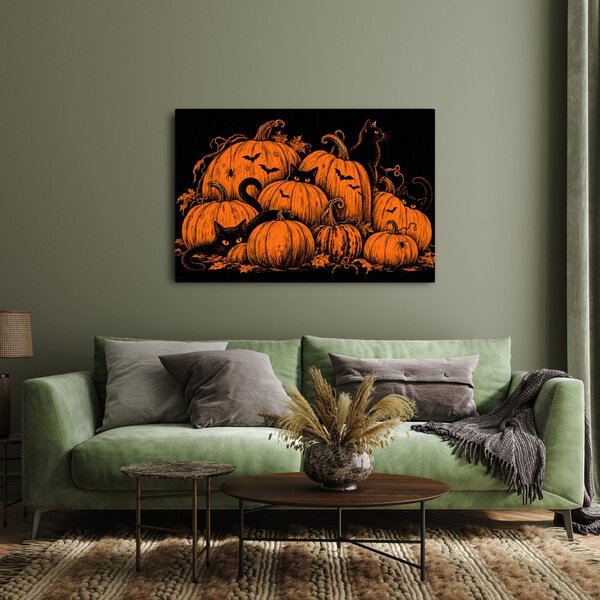 Obraz halloweenske tekvice s čiernymi mačkami