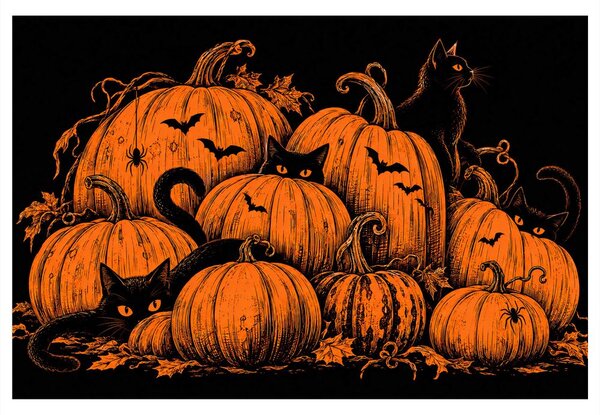 Obraz halloweenske tekvice s čiernymi mačkami