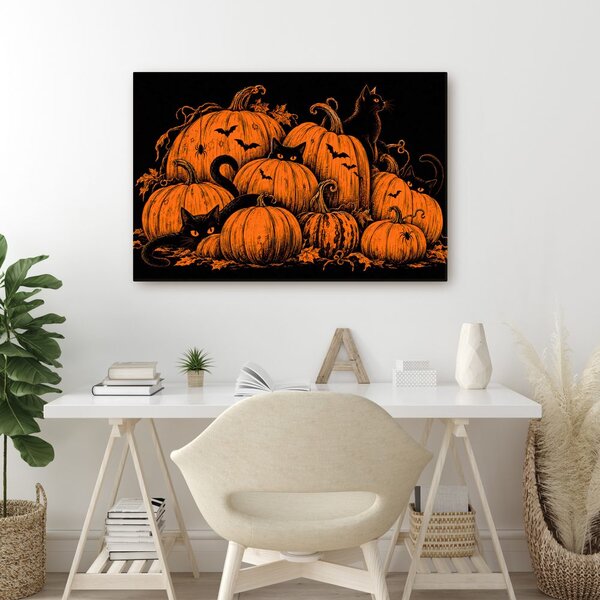 Obraz halloweenske tekvice s čiernymi mačkami