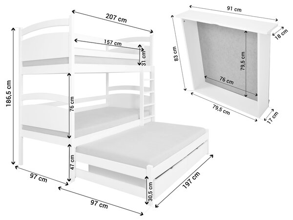 Wilsondo Poschodová posteľ s prístelkou Petra 2 90x200 - biela