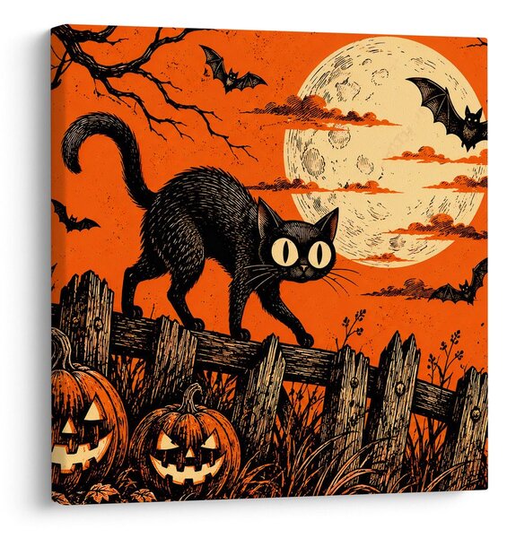 Obraz halloweenska mačka medzi tekvicami