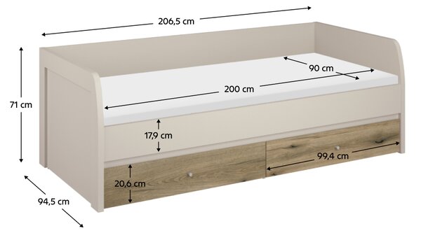 KONDELA Posteľ, 90x200, kašmír/dub evoke, KAROS 2S