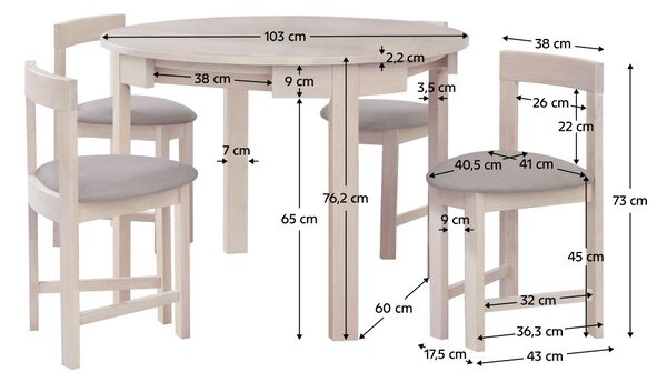 KONDELA Jedálenský set 1+4, masívne drevo, biela vzor drevo/sivobéžová, DOMIO