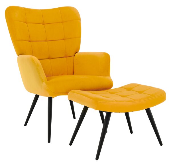 KONDELA Kreslo s podnožou, žltá Velvet látka/čierna, HABEN