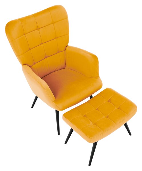 KONDELA Kreslo s podnožou, žltá Velvet látka/čierna, HABEN