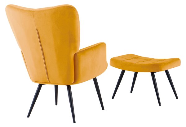 KONDELA Kreslo s podnožou, žltá Velvet látka/čierna, HABEN