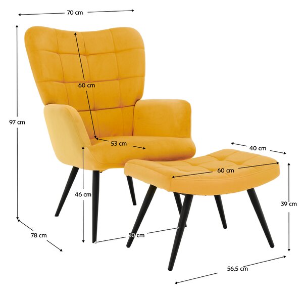 KONDELA Kreslo s podnožou, žltá Velvet látka/čierna, HABEN