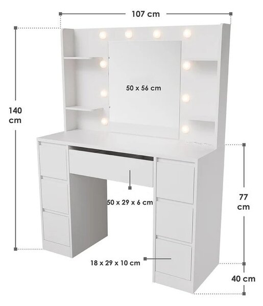 Toaletný stolík Malia s LED osvetlením - biely