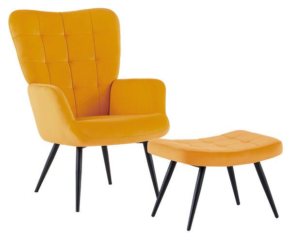 KONDELA Kreslo s podnožou, žltá Velvet látka/čierna, HABEN