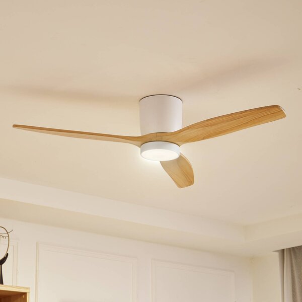 Lucande Stropný ventilátor LED Faipari, svetlé drevo, DC, 132 cm, Biela / opálová, Obývacia izba / jedáleň, Drevo, Moderný