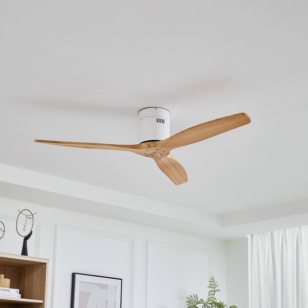 Lucande Stropný ventilátor Vindur, biely, drevo, DC, tichý, Biela / opálová, Obývacia izba / jedáleň, kov, Moderný