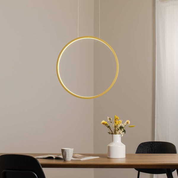LED závesné svietidlo Saturno vertikálne, zlaté, Ø 50 cm, kov, Mosadz / zlato, Obývacia izba / jedáleň, Hliník, Moderný, Závesné svietidlo