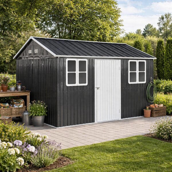 KONDELA Plechový záhradný domček na náradie, antracitová, 3,6x3,1x2,5 m, GABKO
