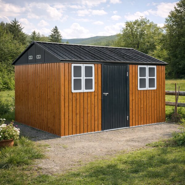 KONDELA Plechový záhradný domček na náradie, hnedá/antracitová, 3,6x3,1x2,5 m, GABKO