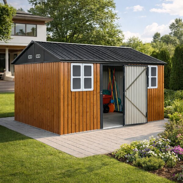 KONDELA Plechový záhradný domček na náradie, hnedá/antracitová, 3,6x3,1x2,5 m, GABKO