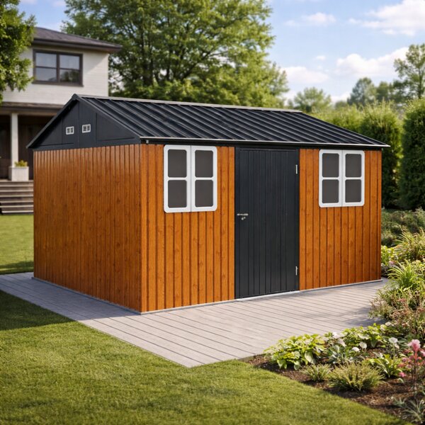KONDELA Plechový záhradný domček na náradie, hnedá/antracitová, 3,6x3,1x2,5 m, GABKO