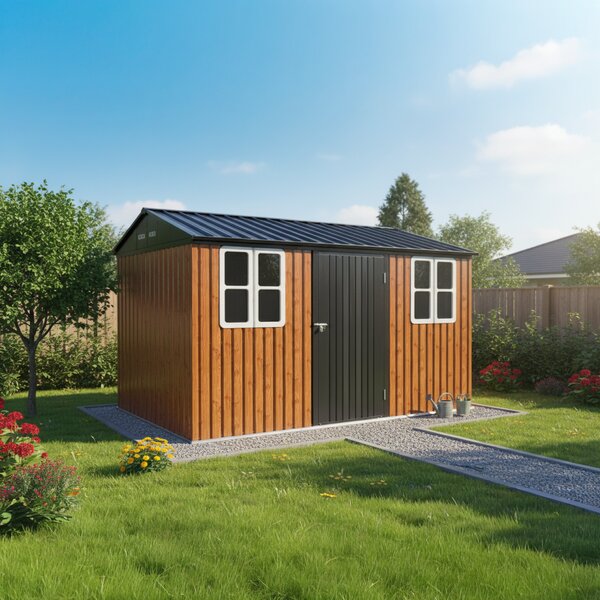 KONDELA Plechový záhradný domček na náradie, hnedá/antracitová, 3,6x3,1x2,5 m, GABKO