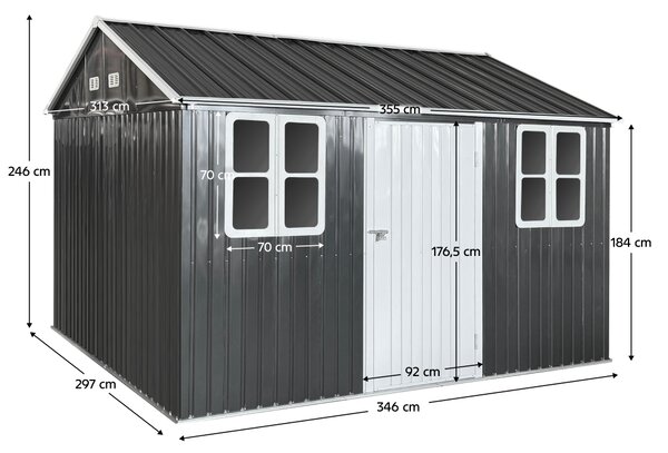 KONDELA Plechový záhradný domček na náradie, antracitová, 3,6x3,1x2,5 m, GABKO