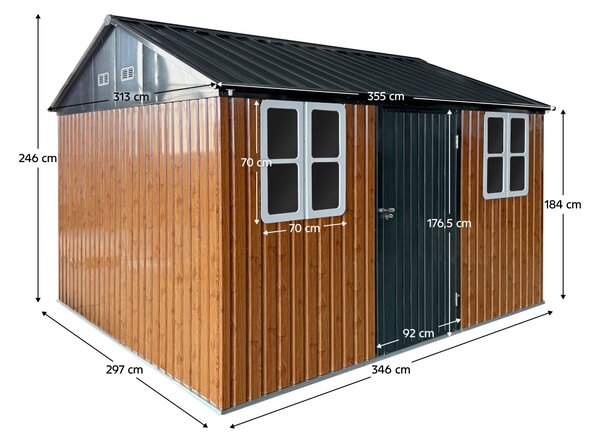 KONDELA Plechový záhradný domček na náradie, hnedá/antracitová, 3,6x3,1x2,5 m, GABKO