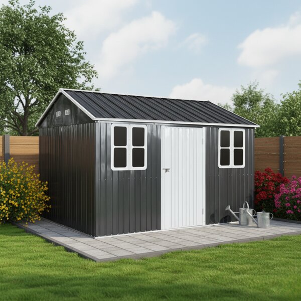 KONDELA Plechový záhradný domček na náradie, antracitová, 3,6x3,1x2,5 m, GABKO
