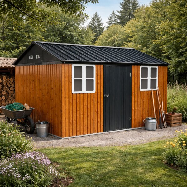 KONDELA Plechový záhradný domček na náradie, hnedá/antracitová, 3,6x3,1x2,5 m, GABKO