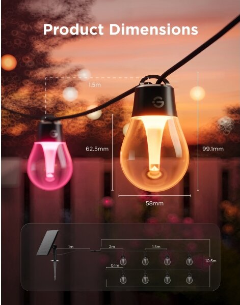 Govee - LED RGBICW Solárny reťazec 8xLED/6W/5V Wi-Fi Matter IP67