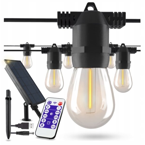 LED Stm solárna dekoratívna reťaz 20xE27/3V USB 2400 mAh 20,62 m IP65 čierna + DO