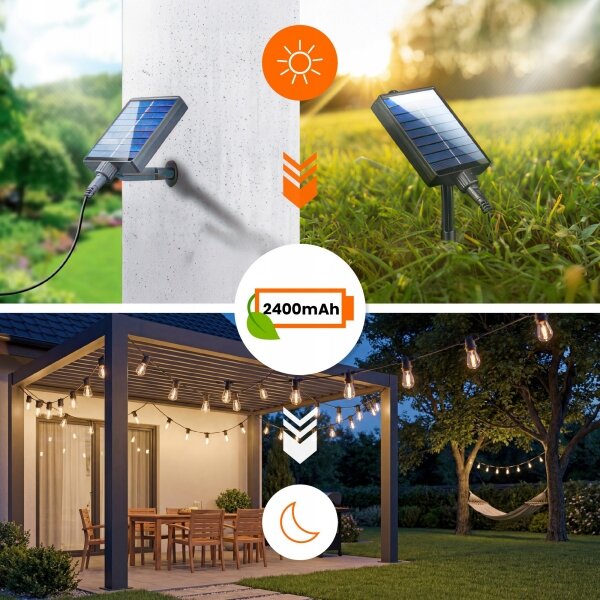 LED Stm solárna dekoratívna reťaz 20xE27/3V USB 2400 mAh 20,62 m IP65 čierna + DO