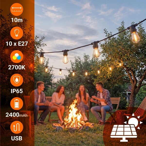 LED stmievateľný solárny dekoratívny svetelný reťazec 10xE27/3V USB 2400 mAh 10,62 m IP65 čierna + DO