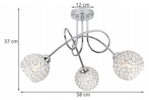 Stropné svietidlo Crystal, 3x strieborné krištáľové tienidlo, ch