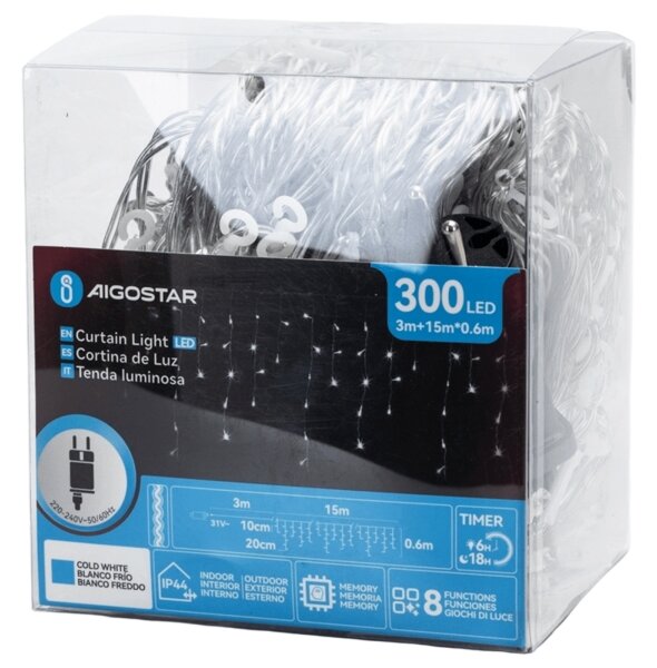 Aigostar - LED vonkajší dekoračný reťazec 300xLED/6W/230V 15x0,6m IP44 studená biela