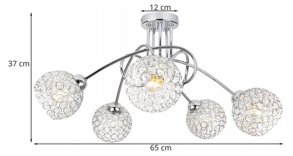 Stropné svietidlo Crystal, 5x strieborné krištáľové tienidlo, ch