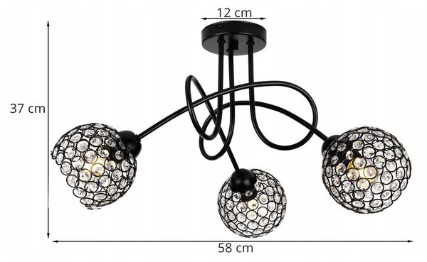 Stropné svietidlo Crystal, 3x čierne krištáľové tienidlo, b