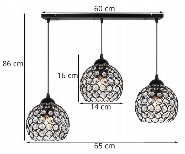Závesné svietidlo Crystal, 3x čierne krištáľové tienidlo