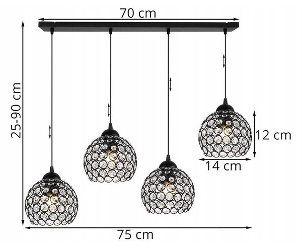 Závesné svietidlo Crystal, 4x čierne krištáľové tienidlo