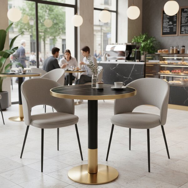 KONDELA Jedálenský bistro stôl, čierny mramor/čierna/zlatá, priemer 80 cm, OREN