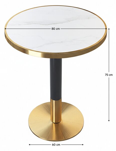 KONDELA Jedálenský bistro stôl, biely mramor/čierna/zlatá, priemer 80 cm, OREN